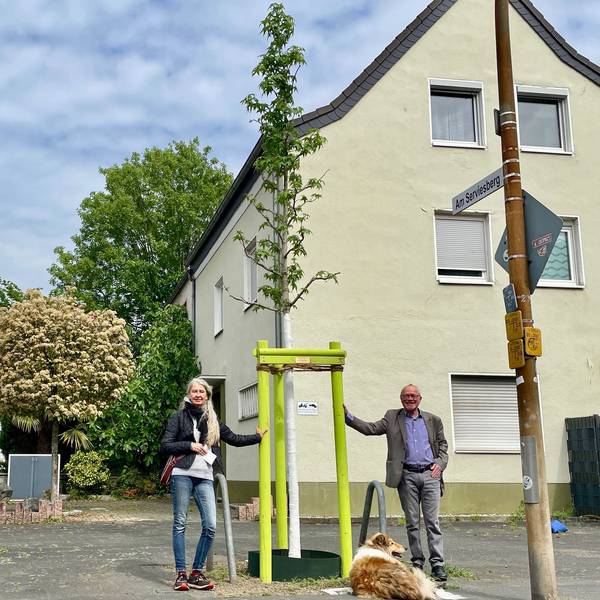 Ein Mann und eine Frau stehen links und rechts von einem jungen Baum.