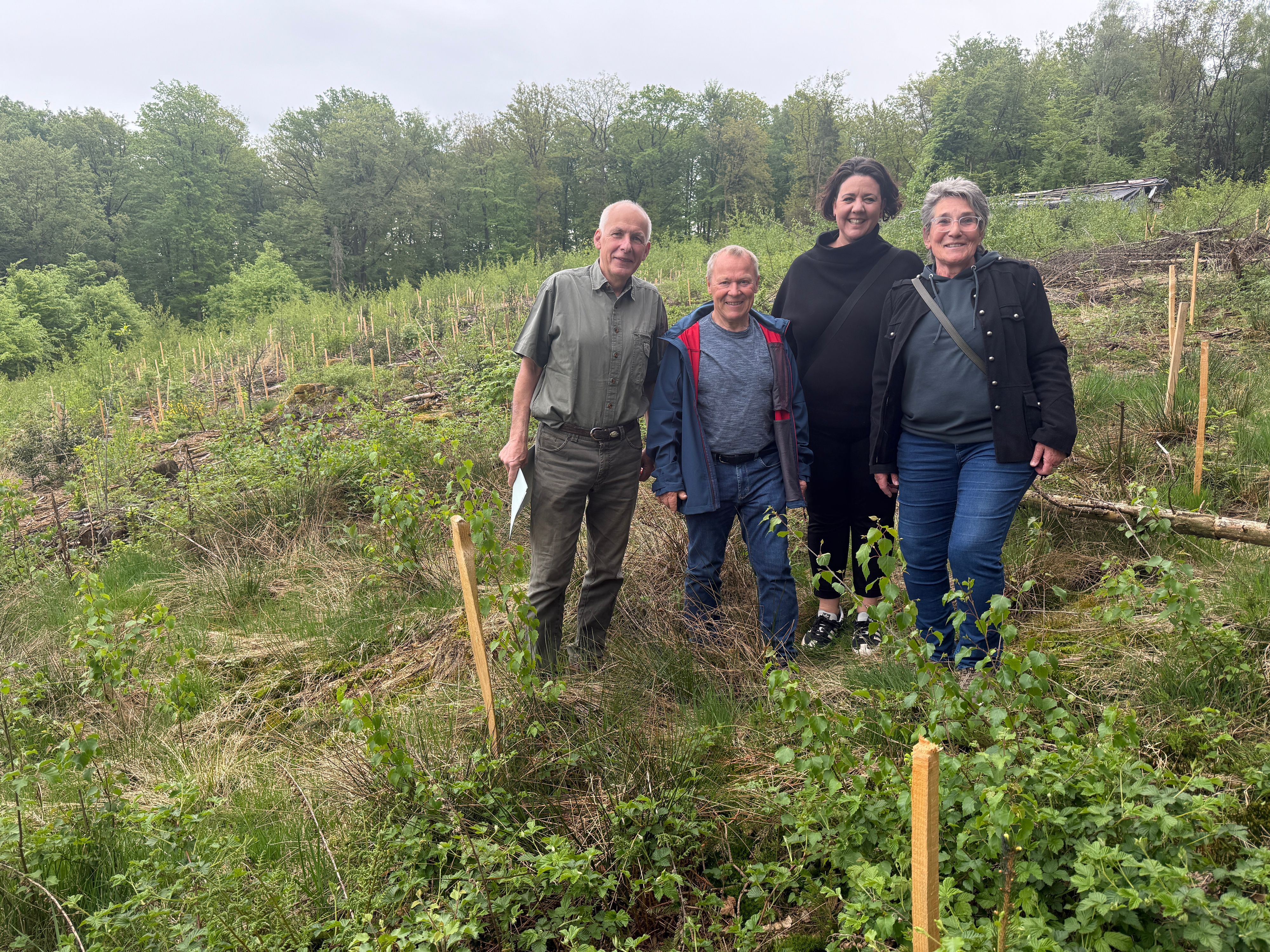 Kay Wöning (Vorsitzender ZebiO), Waldbesitzer Franz Esser, ZebiO-Projektmanagerin Nasrin Degenring und Spenderin Martina Becker auf dem 1,2 Hektar großen Waldstück von Franz Esser zwischen Schwenke und Egen.