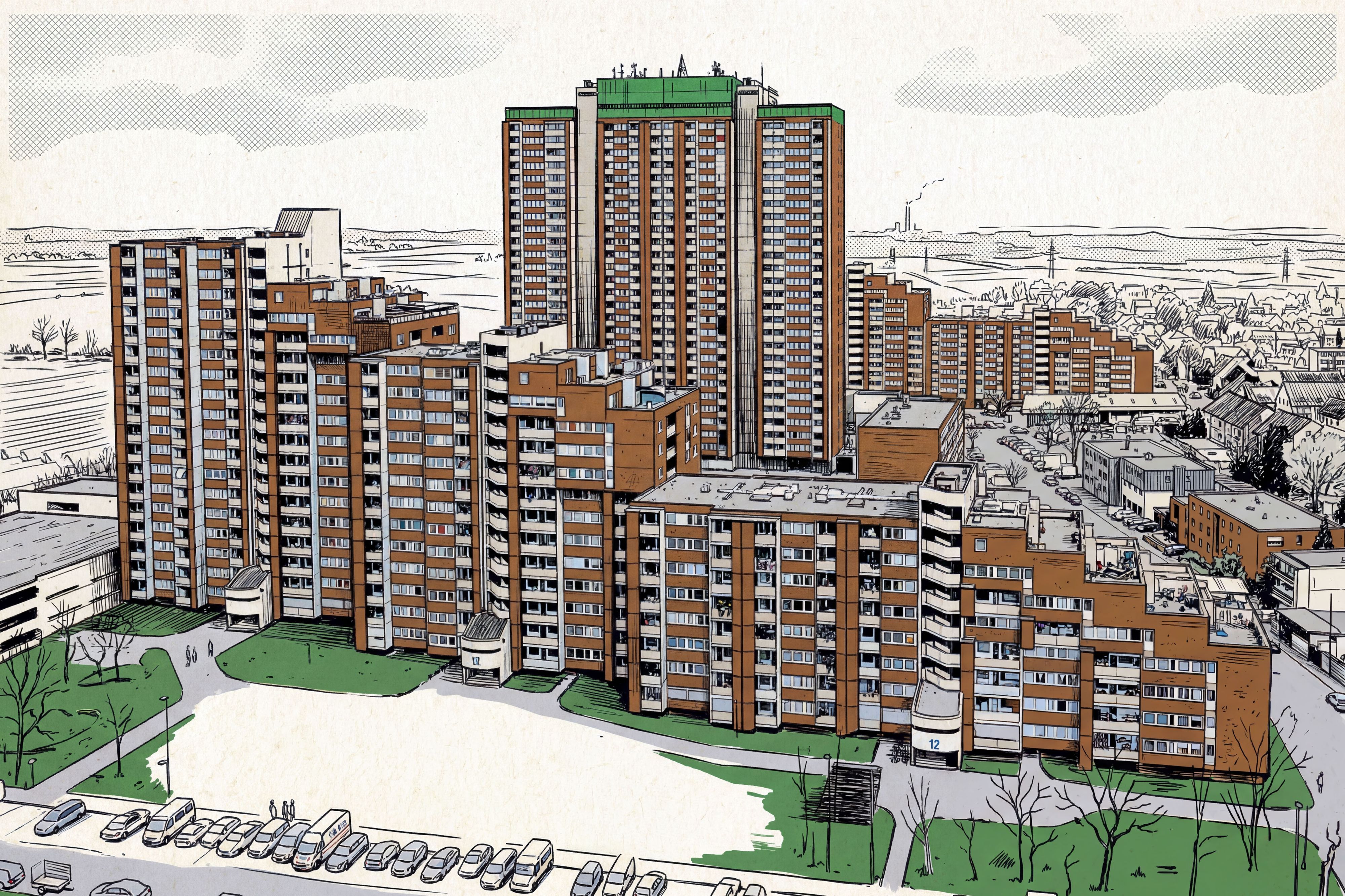 Grafik des Hochhaus-Komplexes am Kölnberg in Meschenich. Die Trabantensiedlung gilt als sozialer Brennpunkt.