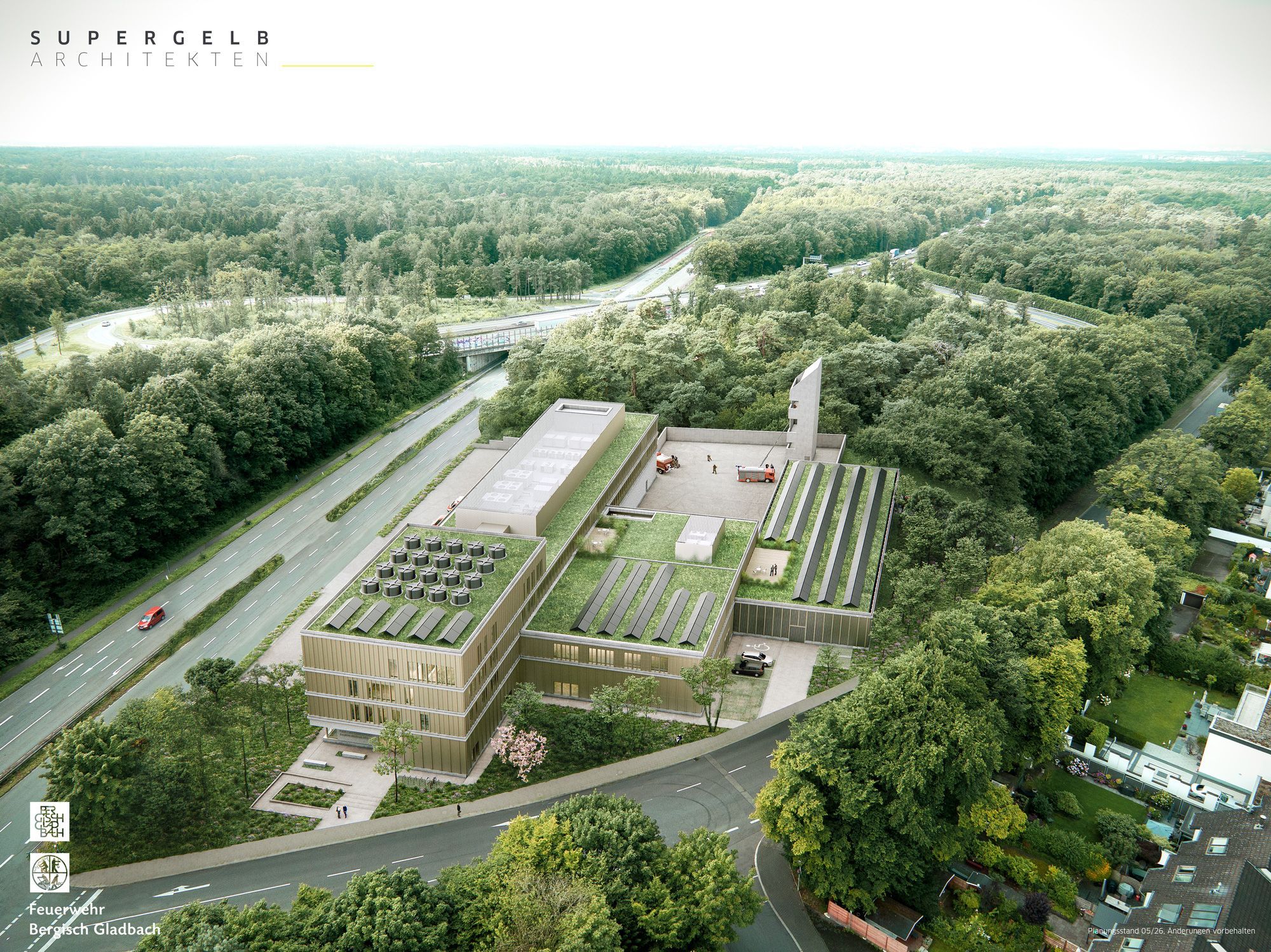 Eine Visualisierung zeigt die geplante Wache zwischen Frankenforster Straße, Refrather Weg und Autobahn 4.