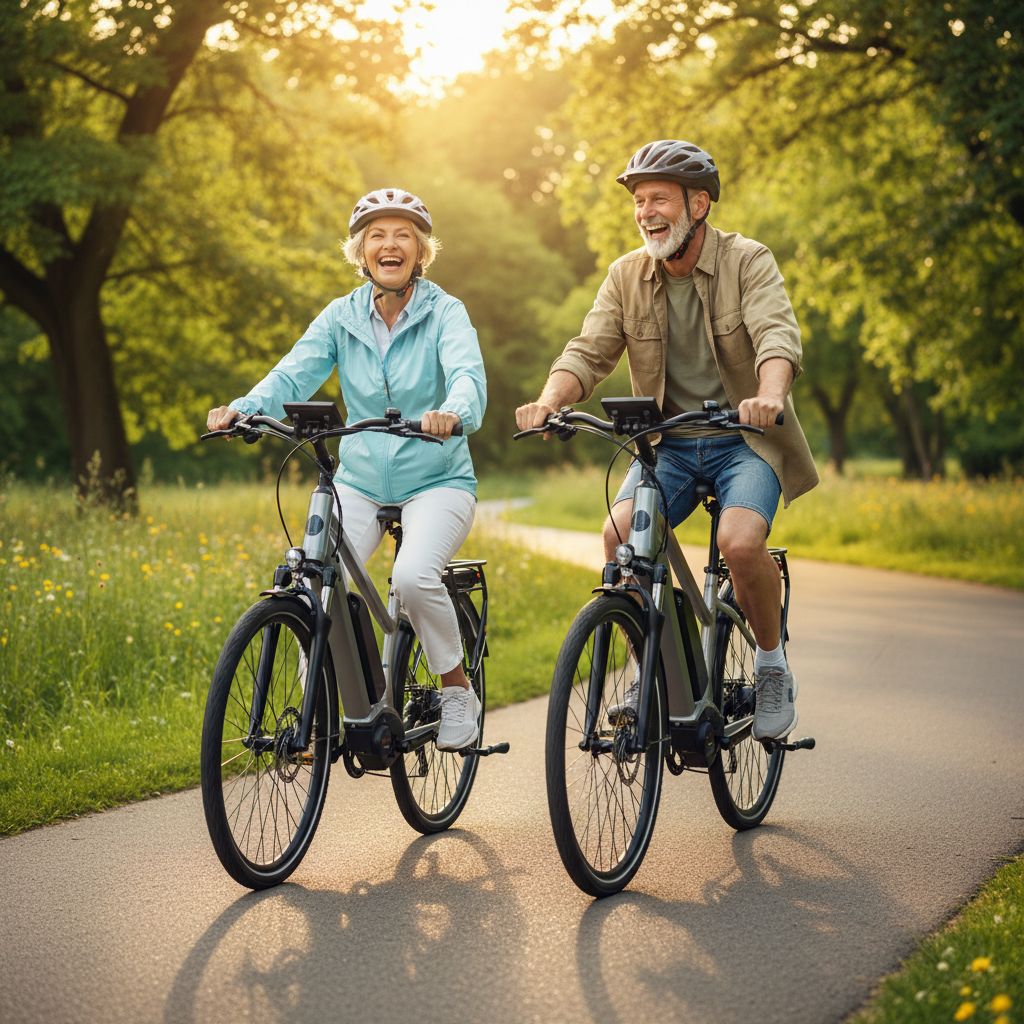 Seniorenpaar fährt fröhlich lachend auf E-Bikes durch einen grünen Park.