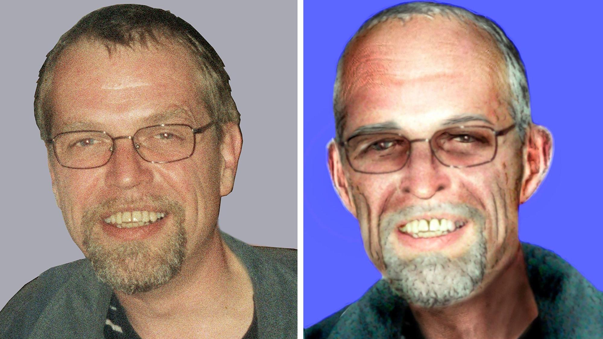 Die Bildkombo zeigt Fahndungsfotos, das den früheren RAF-Terroristen Ernst-Volker Staub im Jahr 2002 zeigen dürfte (l.) und ein vom LKA angefertigtes Aging-Foto, wie Staub heute aussehen könnte (r.)