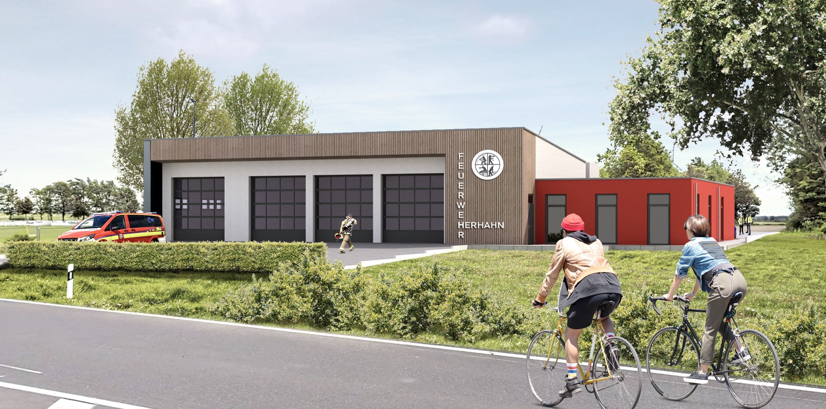 Die Visualisierung zeigt das neue Feuerwehrgerätehauses mit vier Toren und einem angebauten Schulungsraum.