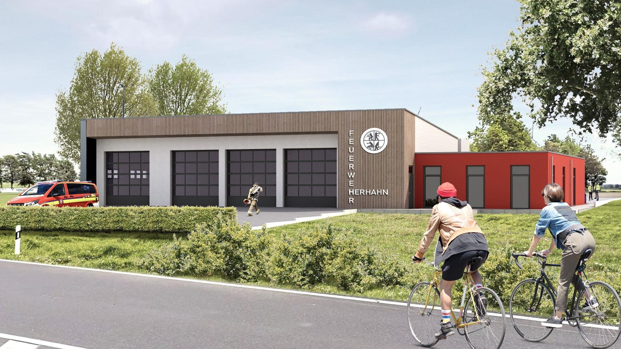 Die Visualisierung zeigt das neue Feuerwehrgerätehauses mit vier Toren und einem angebauten Schulungsraum.