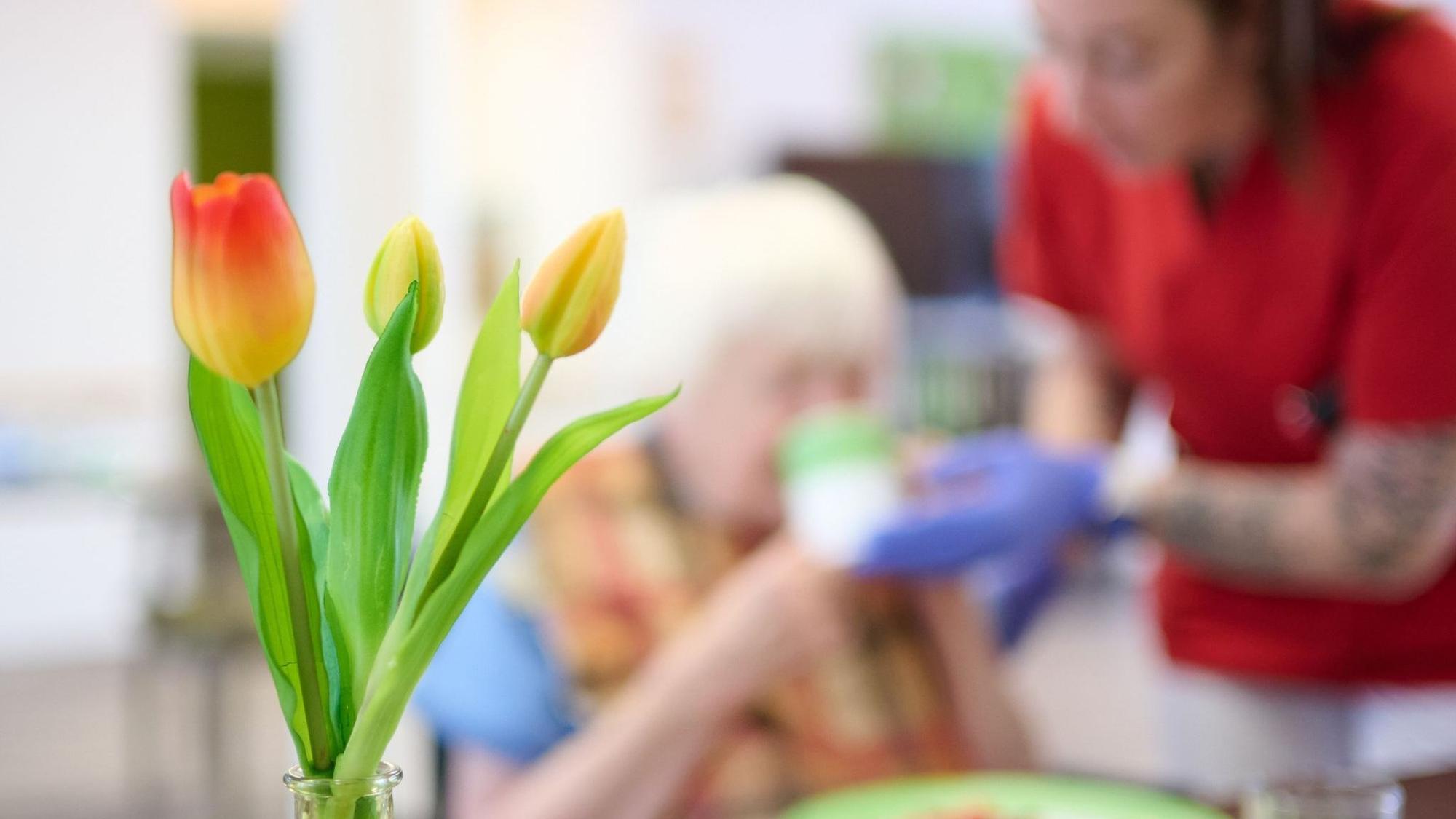 Eine Pflegekraft unterstützt eine Seniorin