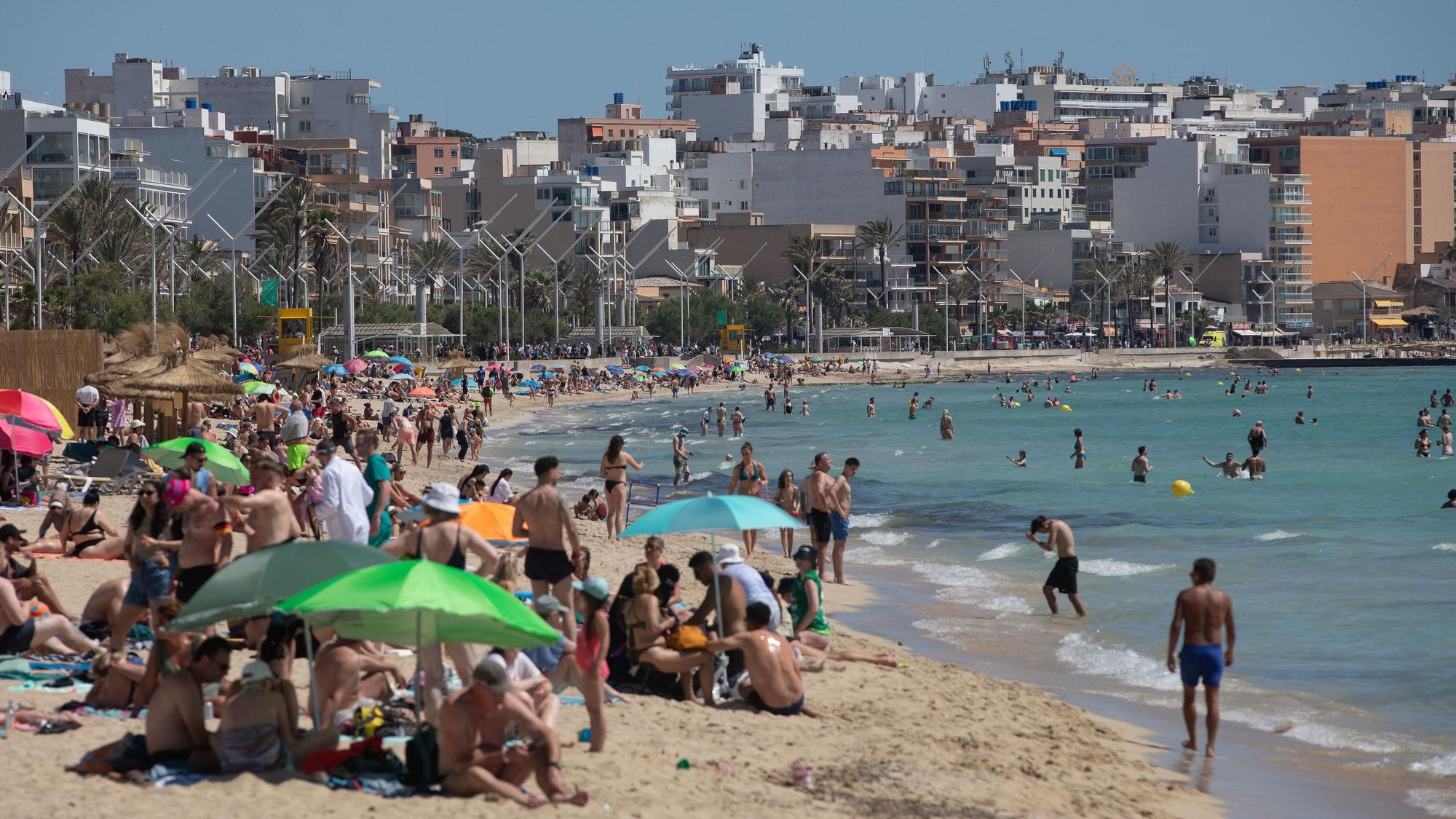 Menschen sonnen sich und schwimmen am Strand Playa de Palma auf Mallorca. Eurowings-Flüge waren neun Prozent öfter gefragt als im Vorjahr.