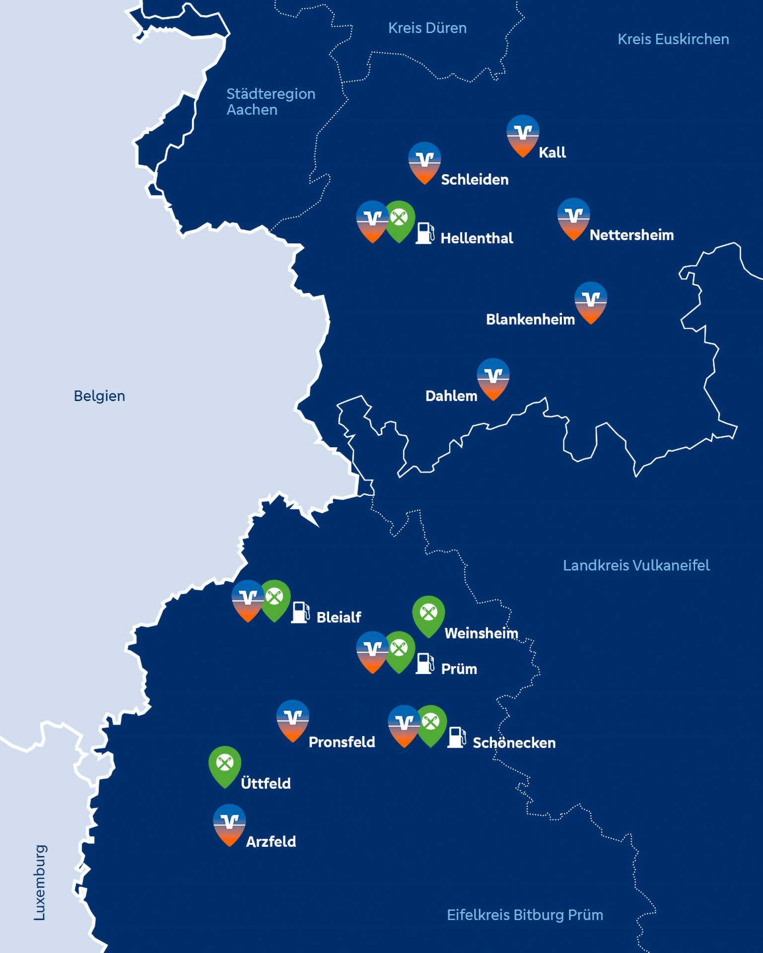 Die Grafik zeigt die verscheidenen Standorte: Kall, Schleiden, Hellenthal, Nettersheim, Blankenheim, Dahlem, Bleialf, Weinsheim, Prüm, Pronsfeld, Schönecken, Üttfeld und Arzfeld.