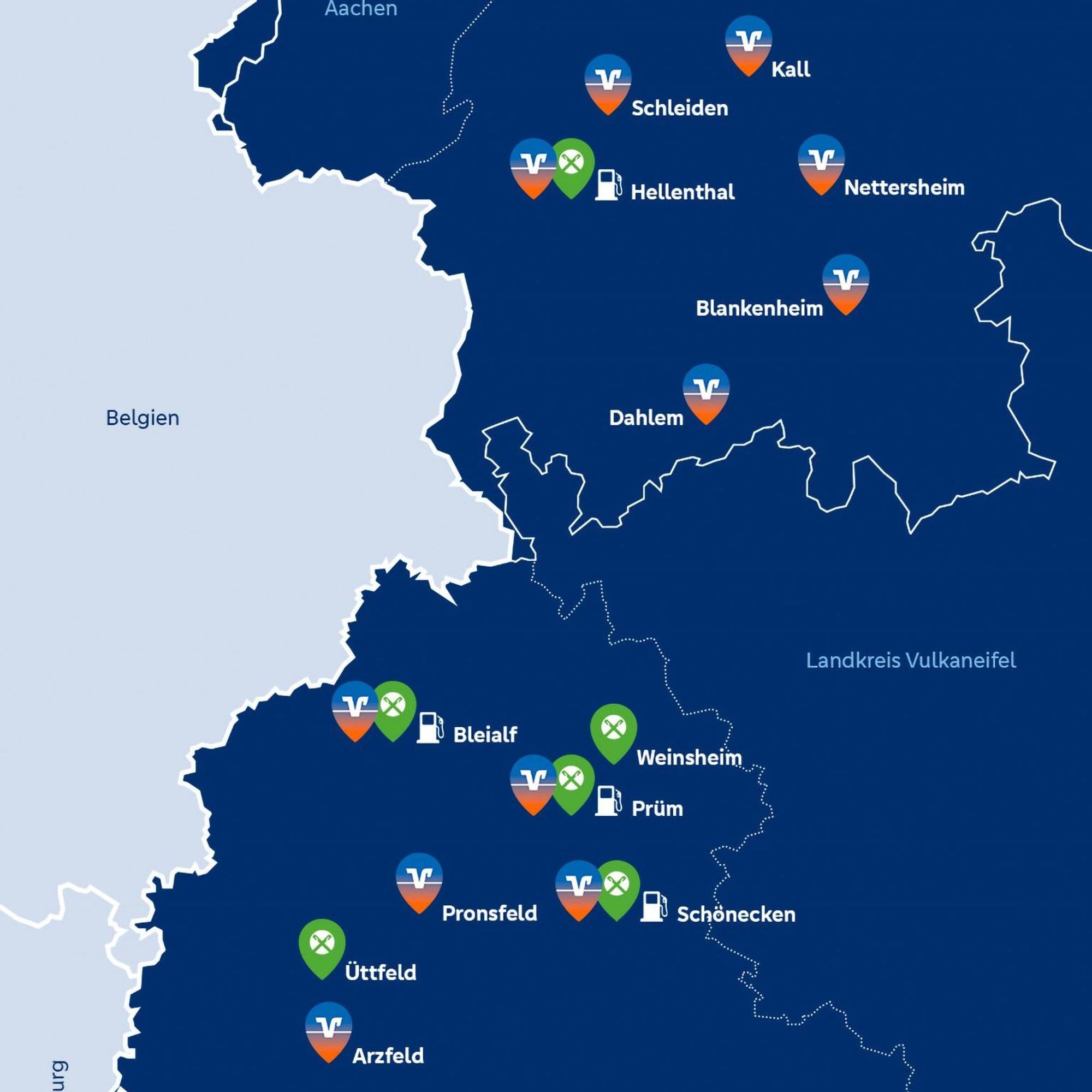 Die Grafik zeigt die verscheidenen Standorte: Kall, Schleiden, Hellenthal, Nettersheim, Blankenheim, Dahlem, Bleialf, Weinsheim, Prüm, Pronsfeld, Schönecken, Üttfeld und Arzfeld.