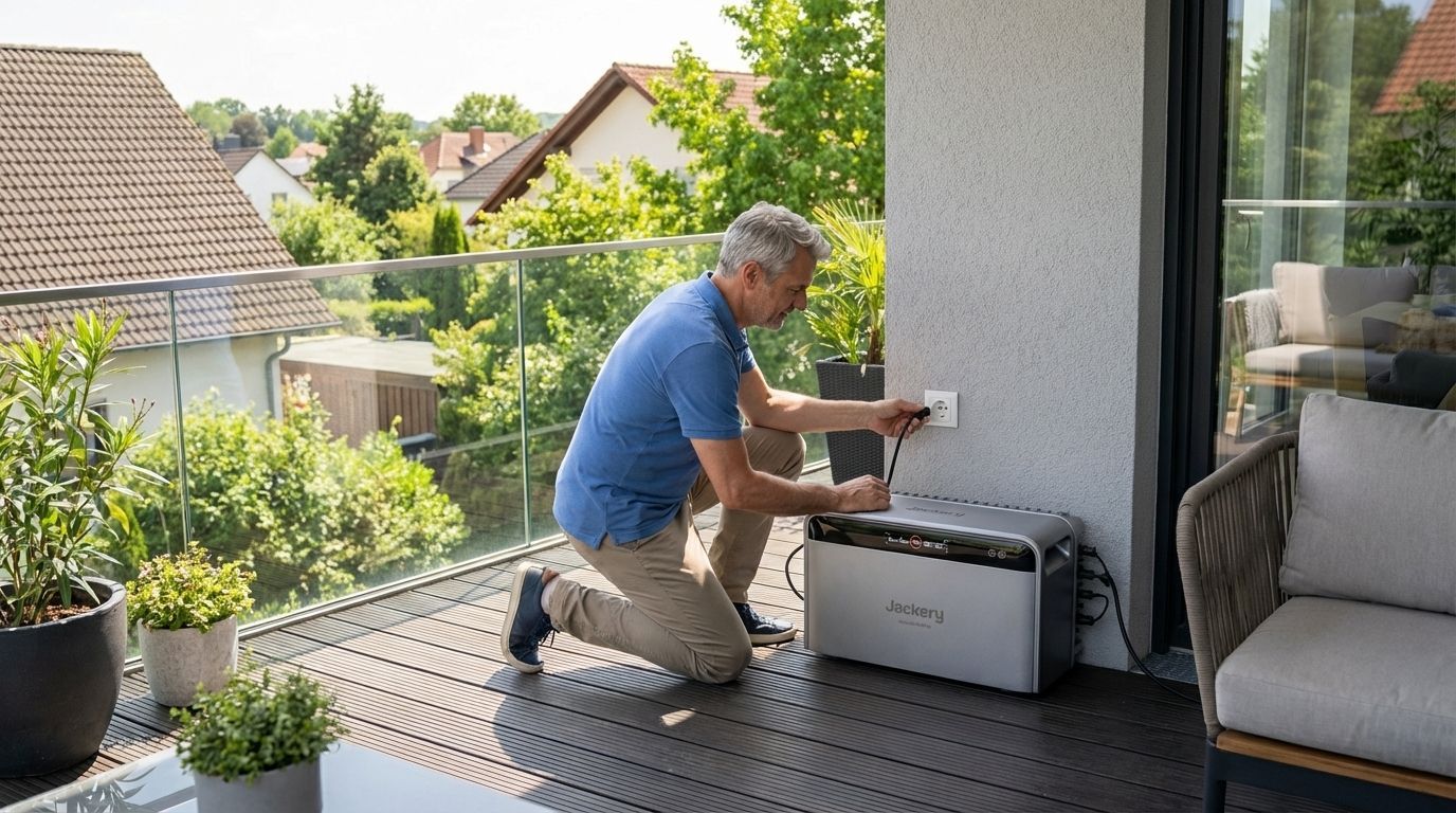 Ein Mann schließt einen Jackery SolarVault 3 Pro MAX Speicher an einer Steckdose an der Hauswand auf dem Balkon an.