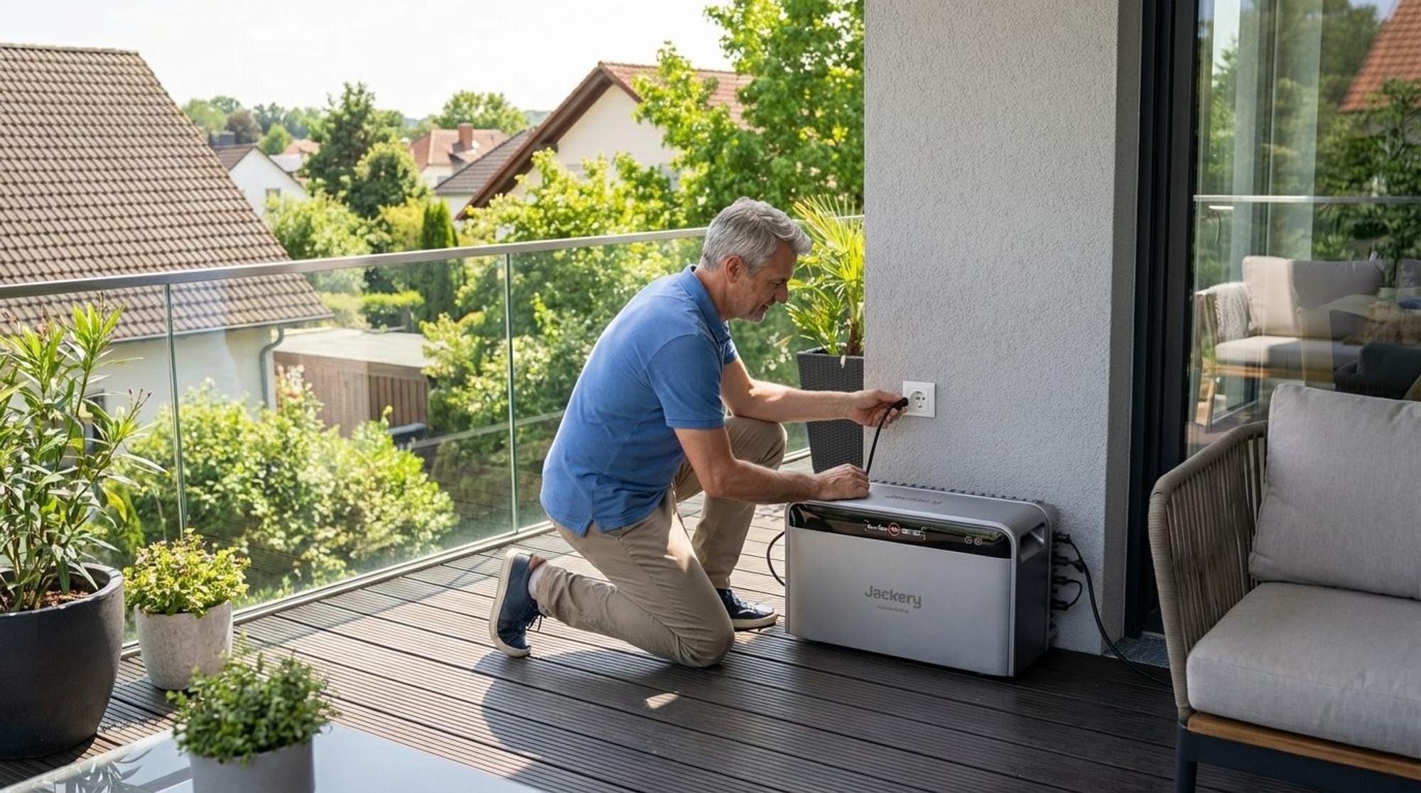 Ein Mann schließt einen Jackery SolarVault 3 Pro MAX Speicher an einer Steckdose an der Hauswand auf dem Balkon an.