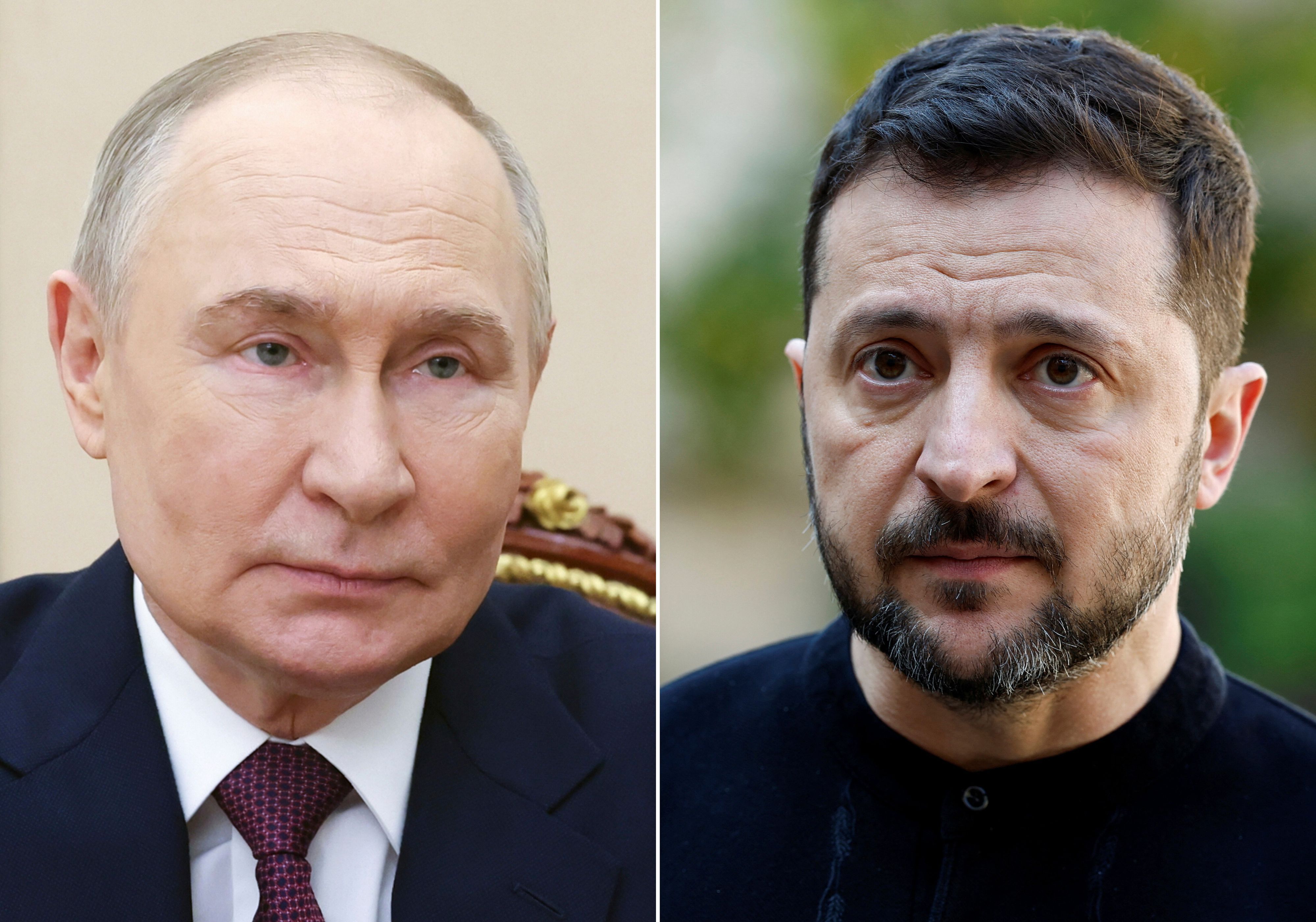 Die Bildkombo zeigt den russischen Präsidenten Wladimir Putin (l.) und den ukrainischen Präsidenten Wolodymyr Selenskyj.
