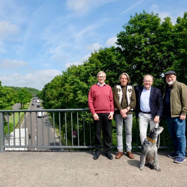 Fünf Männer und ein Hund stehen auf einer Brücke über einer vielbefahrenen, mehrspurigen Straße.