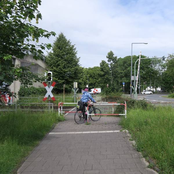 Ein Radfahrer bewältigt das Drängelgitter unmittelbar vor einem Bahnübergang.