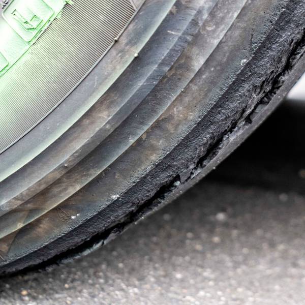 Das Bild zeigt einen Lkw-Reifen, bei dem sich die obere Gummischicht ablöst.
