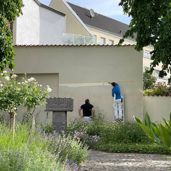 Ein Handwerker steht auf einer Leiter, seine Kollege sieht ihm bei der Arbeit zu.