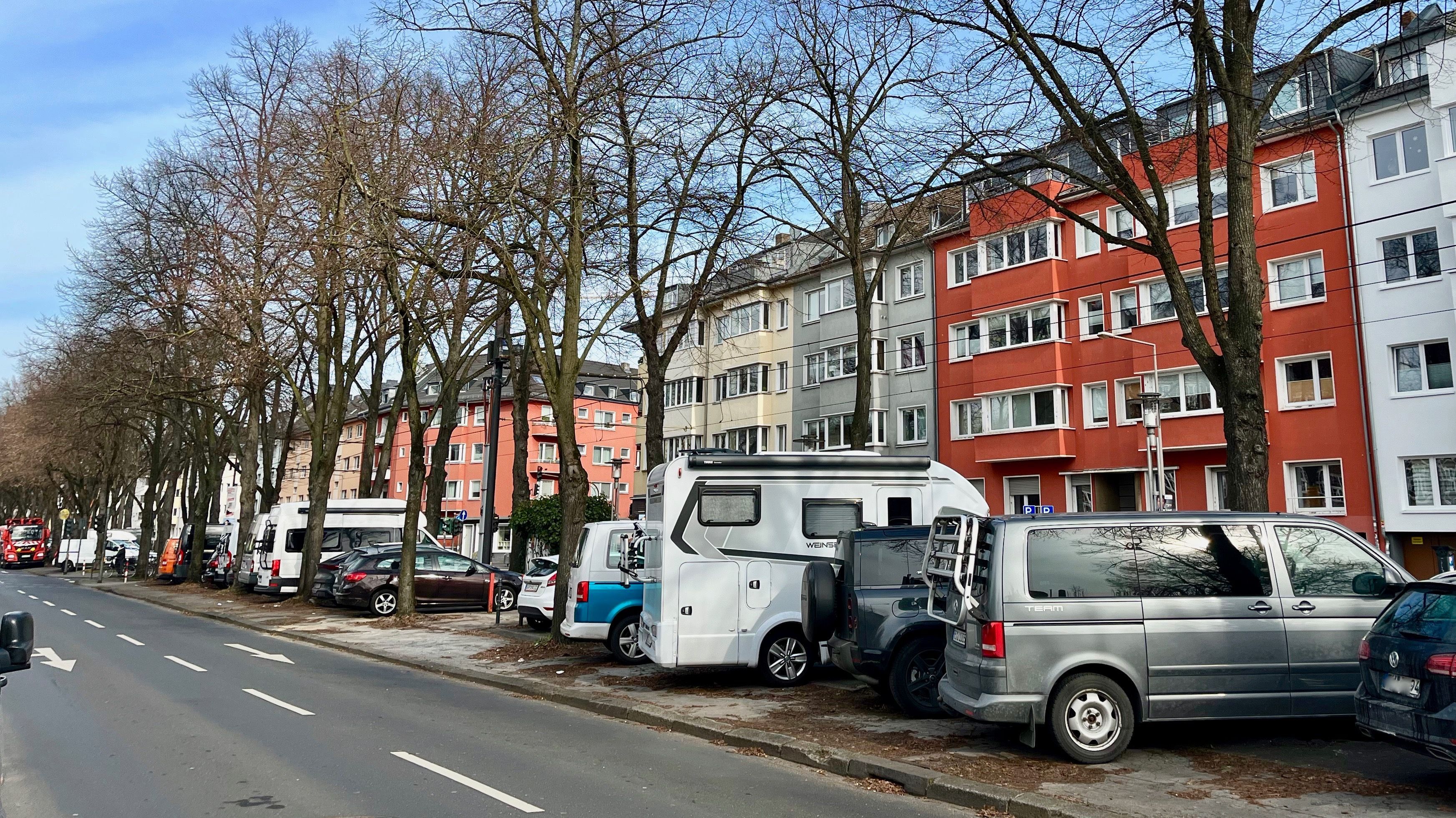 Auf einem Parkstreifen stehen viele Wohnmobile.