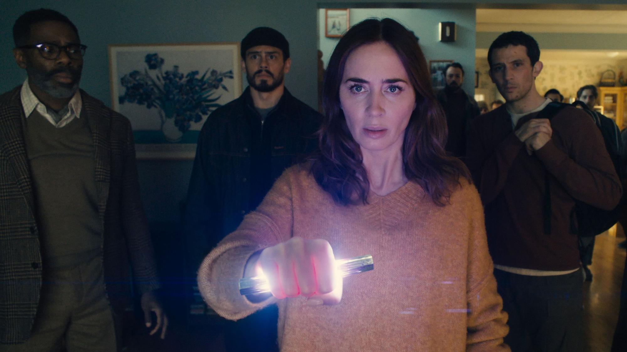 L to R: Colman Domingo is Hugo Wakefield, Tommy Martinez is Santiago, Emily Blunt is Margaret Fairchild, and Josh O'Connor is Dr. Daniel Kellner in DISCLOSURE DAY, directed by Steven Spielberg.