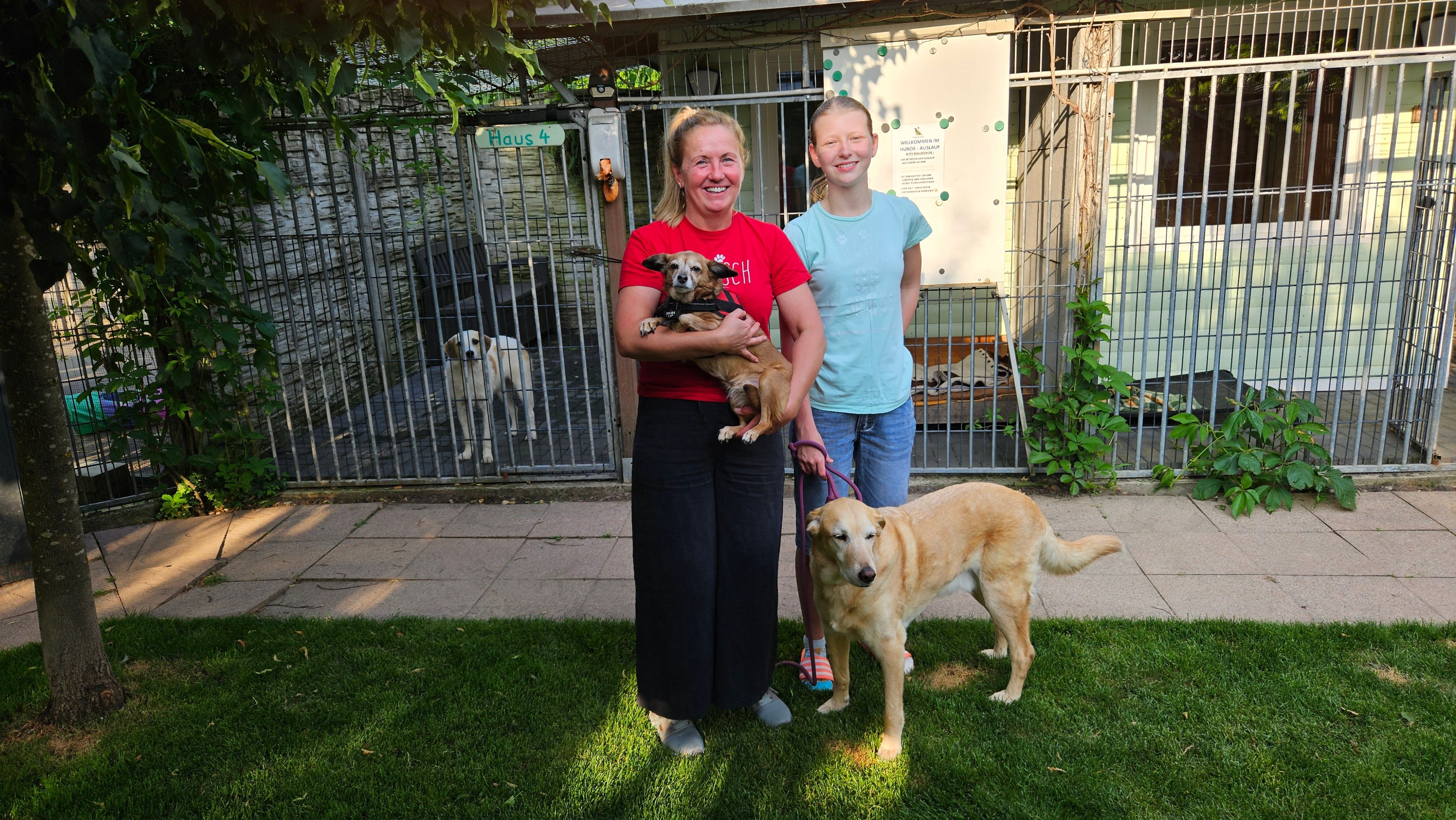Barbara Sauer und eine Helferin mit drei Hunden auf dem Schutzhof.
