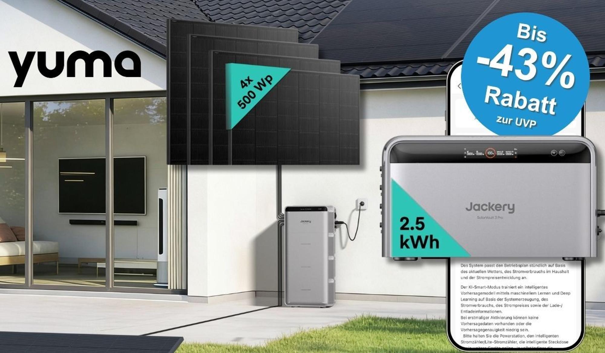 Produktgrafik von Yuma: Jackery SolarVault 3 Pro Heimspeicher mit 2,5 kWh an einer Hauswand montiert, daneben vier Solarmodule mit je 500 Wp. Rechts im Bild eine Smartphone-Ansicht der Jackery-App mit KI-Smart-Modus-Beschreibung. Ein blauer Button weist auf bis zu 43 Prozent Rabatt zur UVP hin.