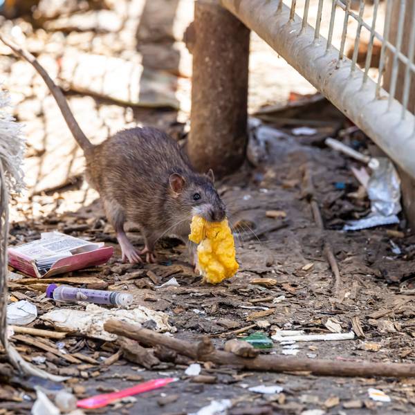 Eine Ratte mit Essensresten im Maul.