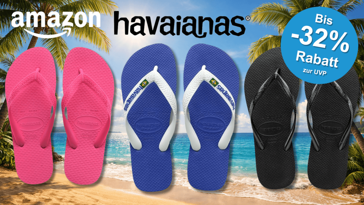 3 verschiedene Havaianas Modelle vor einem Strand abgebildet.