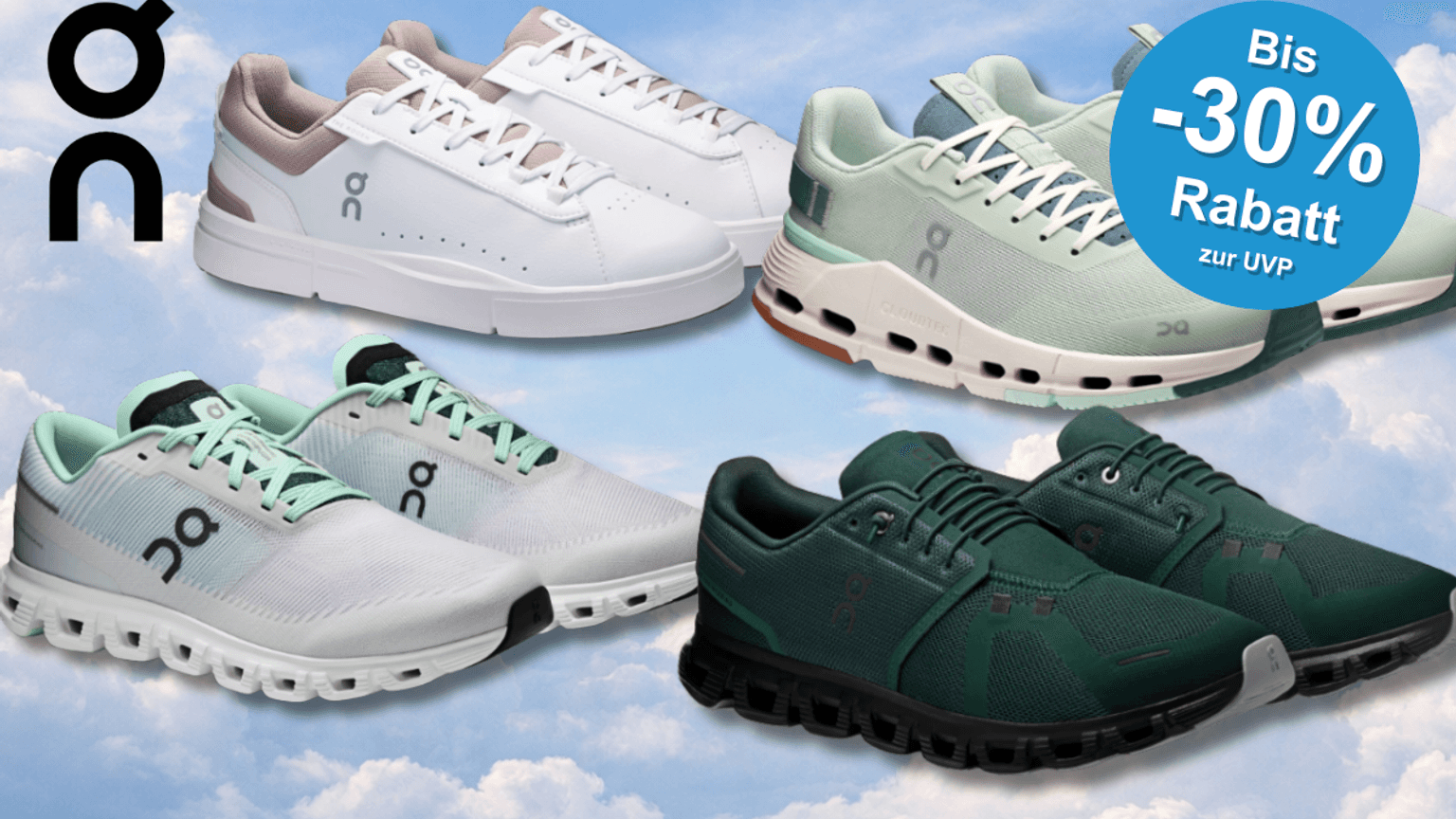 4 On Running Sneaker Modelle vor einem wolken Hintergrund.