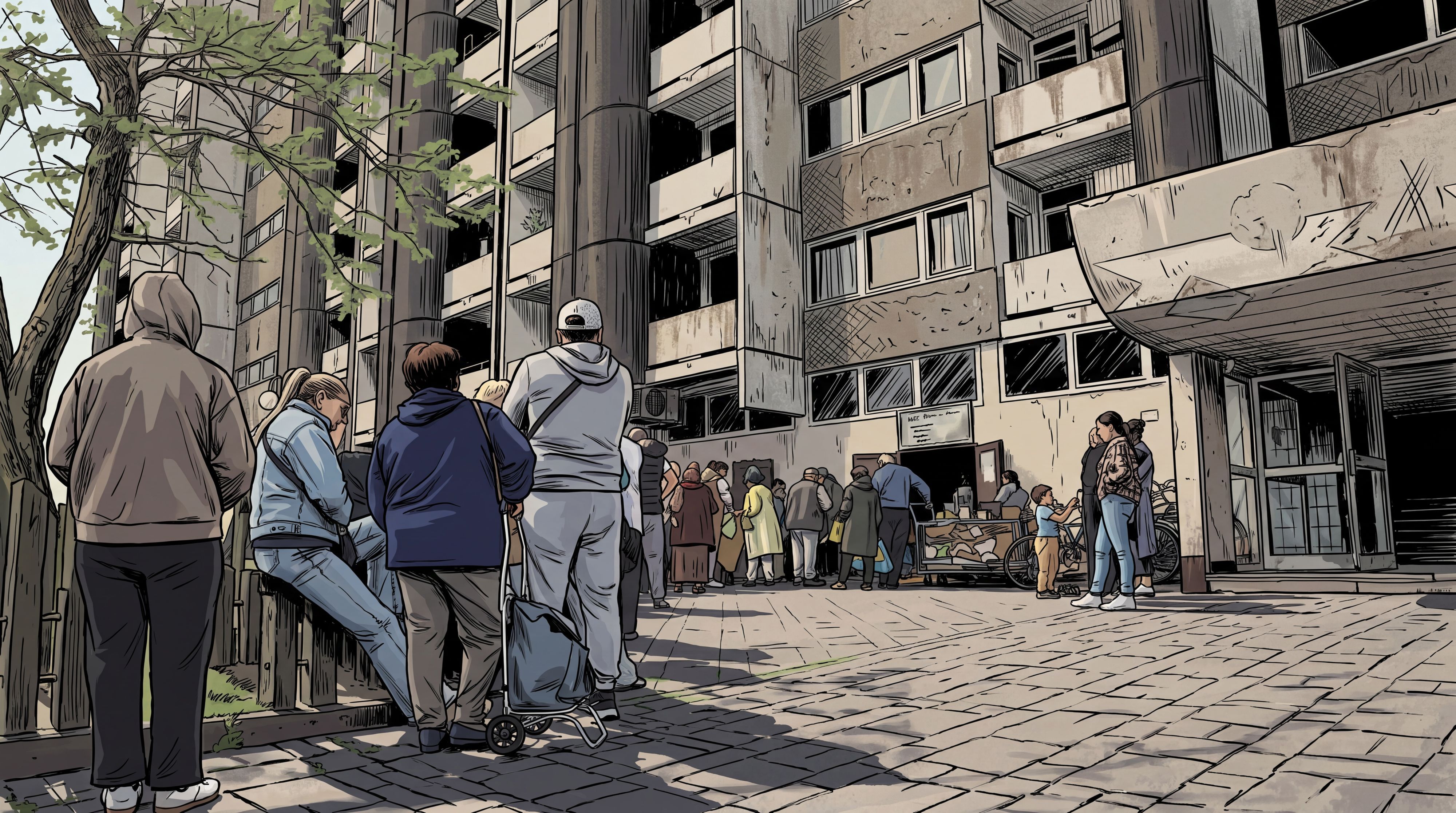Grafik einer Schlange vor der Essensausgabe am Kölnberg: Viele Menschen sind hier auf kostenloses Essen angewiesen.