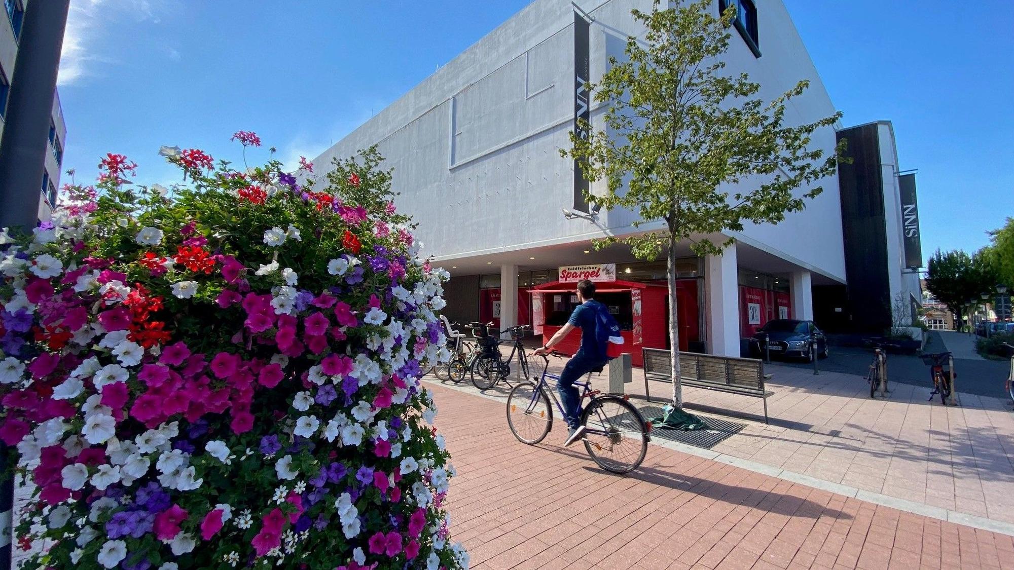Zu sehen sind Blumen vor einem Gebäude in der Brühler Innenstadt.