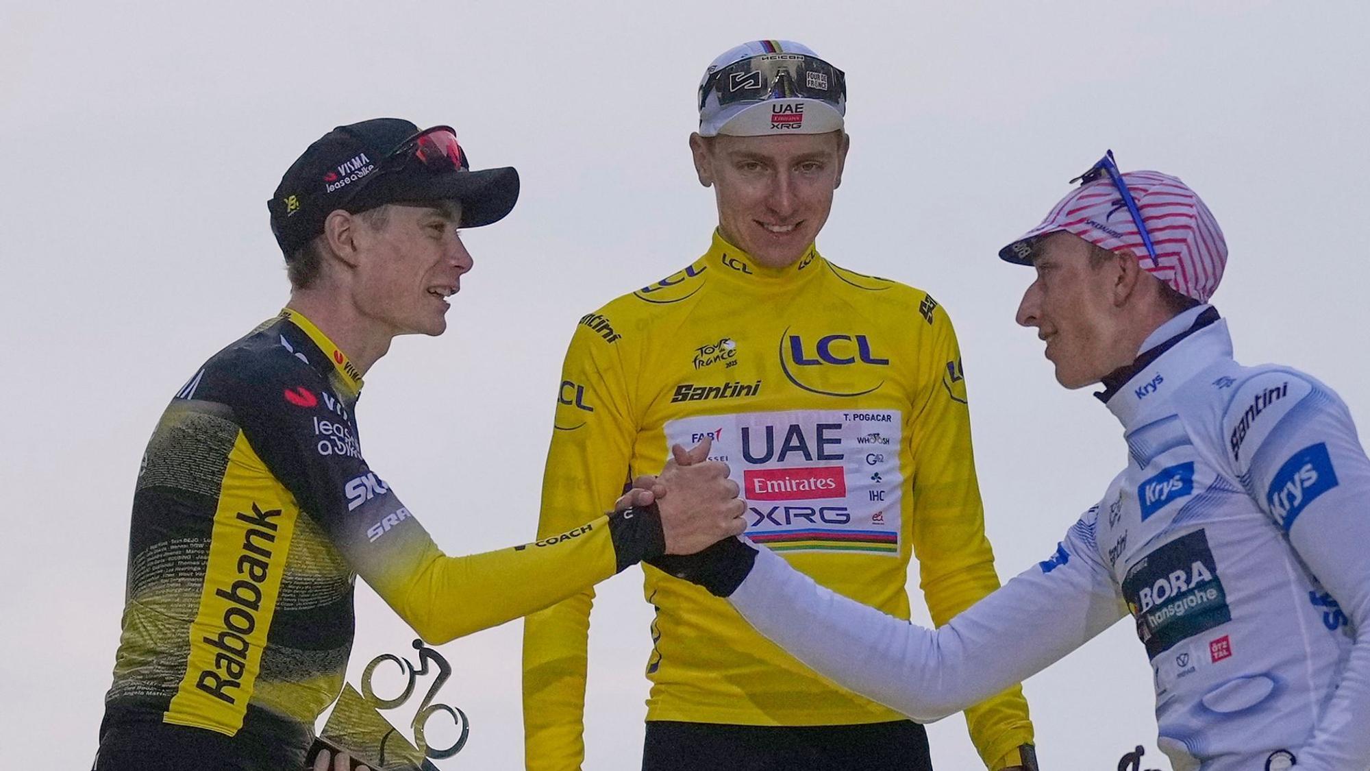 Jonas Vingegaard, Tadej Pogacar und Florian Lipowitz