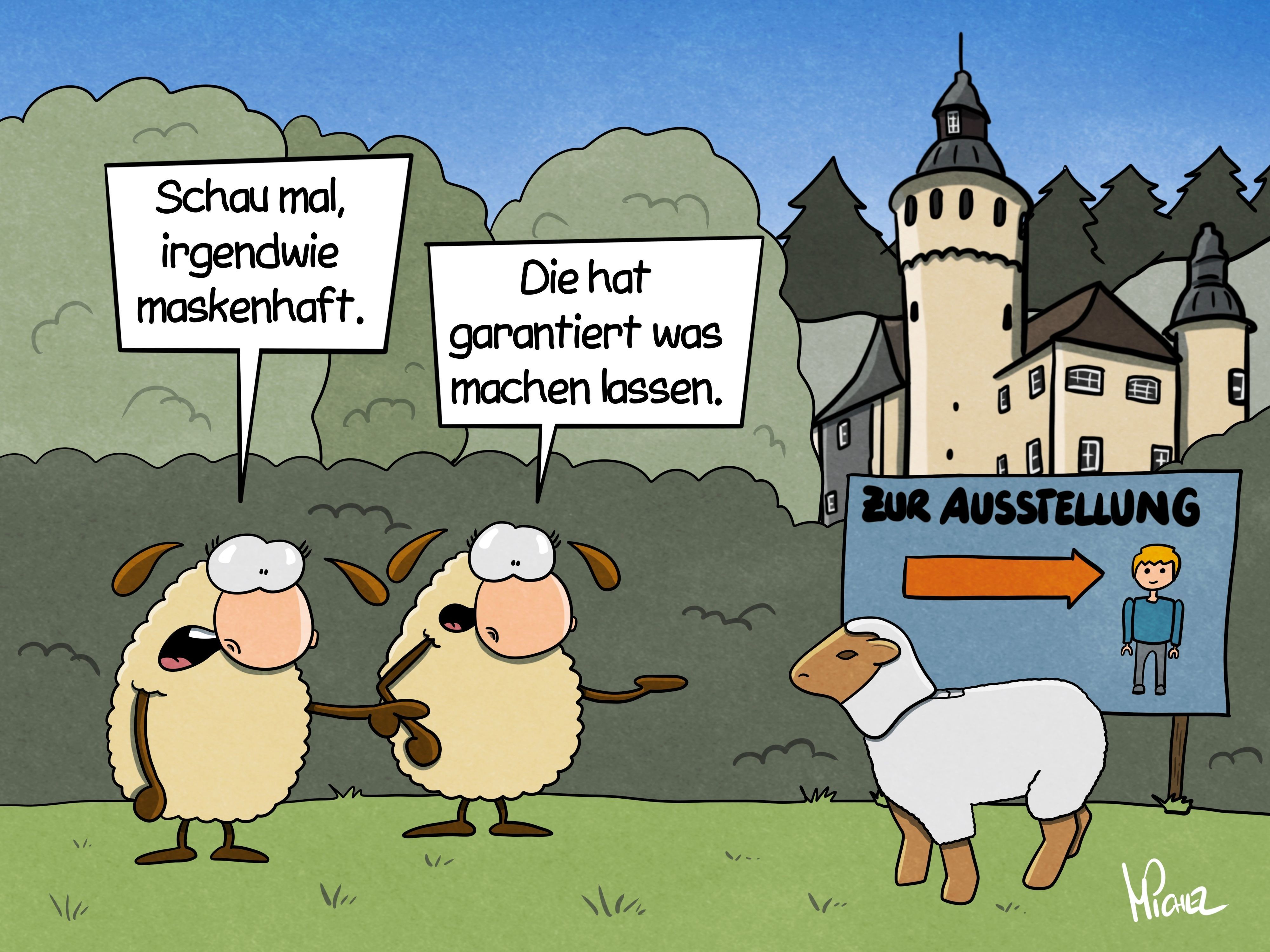 Zwei Schafe stehen vor einem Playmobil-Schaf. Das eine Schaf sagt zum anderen: „Schau mal, irgendwie maskenhaft.“ Das andere meint: „Die hat garantiert was machen lassen.“