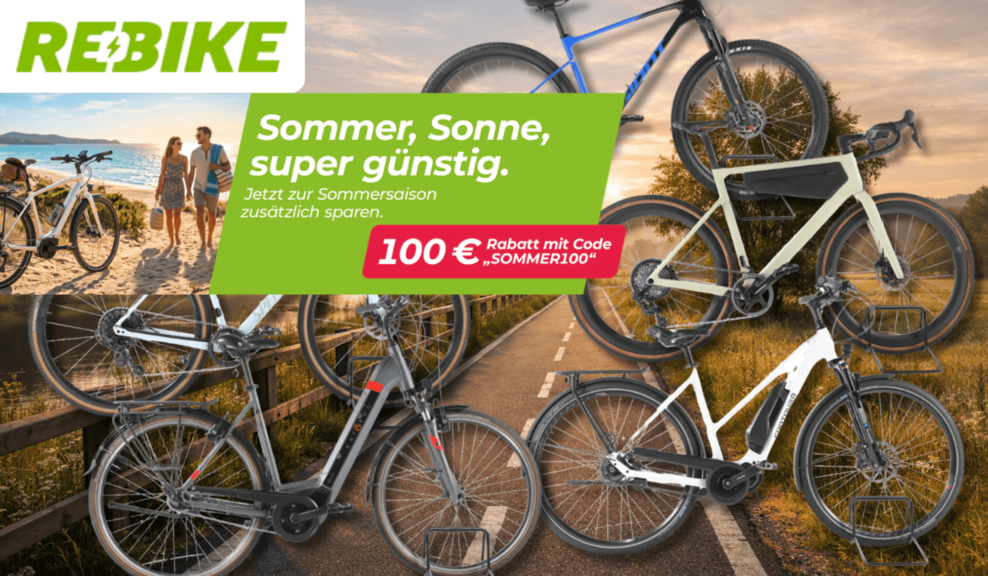 5 verschiedene Fahrräder von Rebike vor einem Fahrradweg.