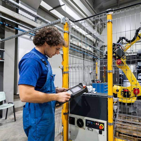 Ein Mann im Blaumann steht in einer Produktionshalle an einer Maschine mit Roboterarm.