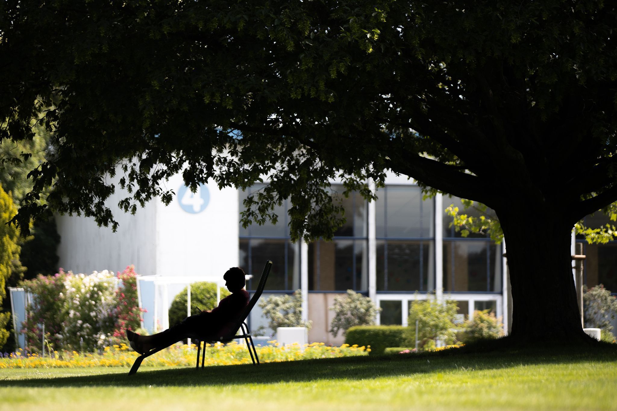 Frau sitzt bei Hitze im Schatten in einem Park