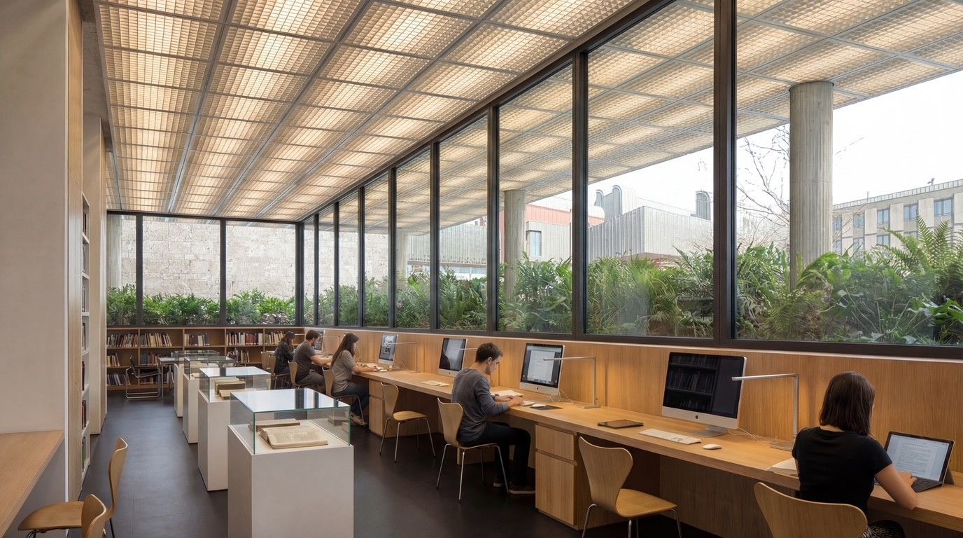 Die Visualisierung zeigt moderne Bildschirmarbeitsplätze, die im RGM-Studienhaus eingerichtet werden könnten.