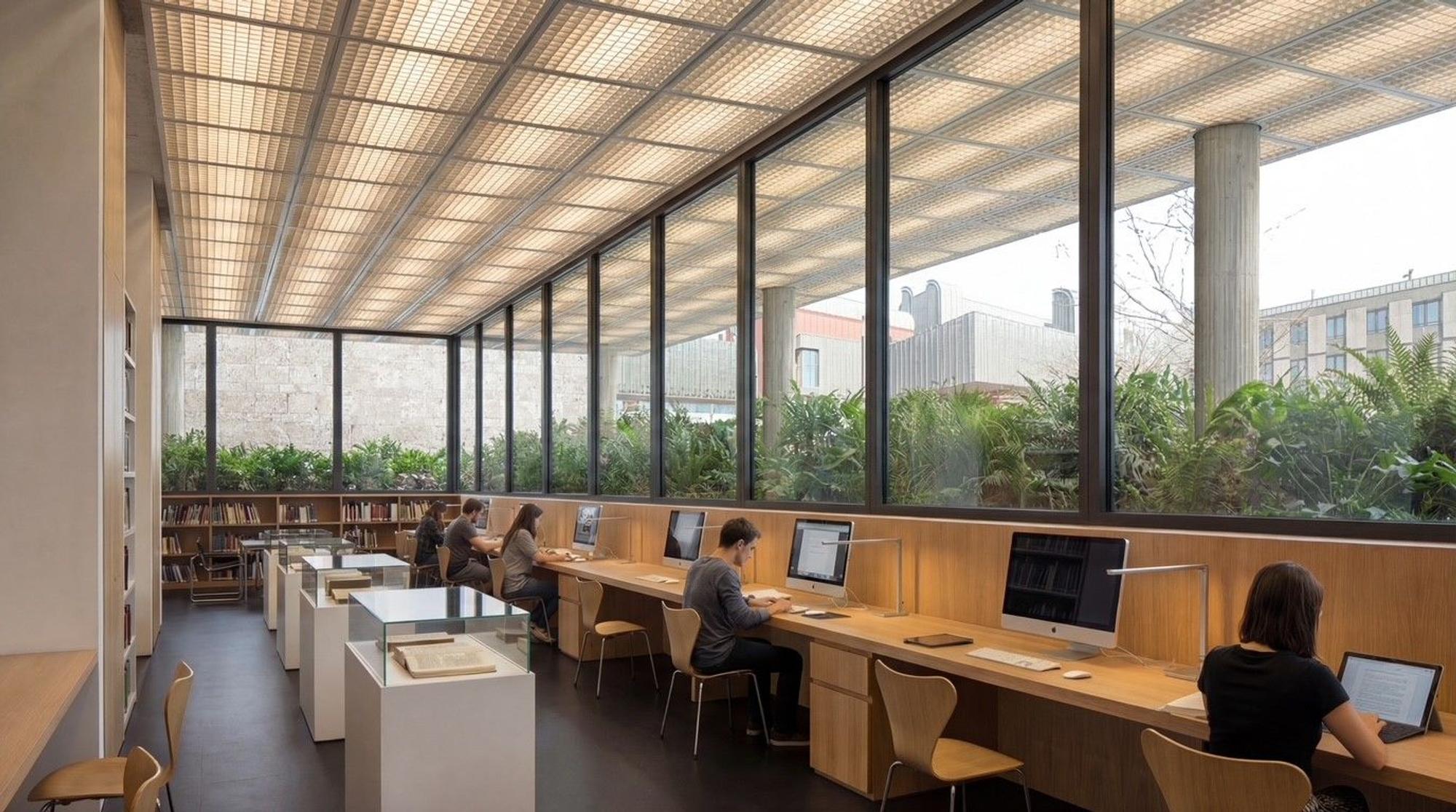 Die Visualisierung zeigt moderne Bildschirmarbeitsplätze, die im RGM-Studienhaus eingerichtet werden könnten.