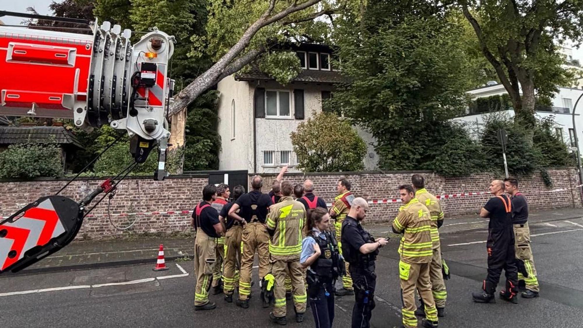 Ein Baum ist auf ein Haus gekippt, davor stehen zahlreiche Einsatzkräfte von Feuerwehr und Polizei.