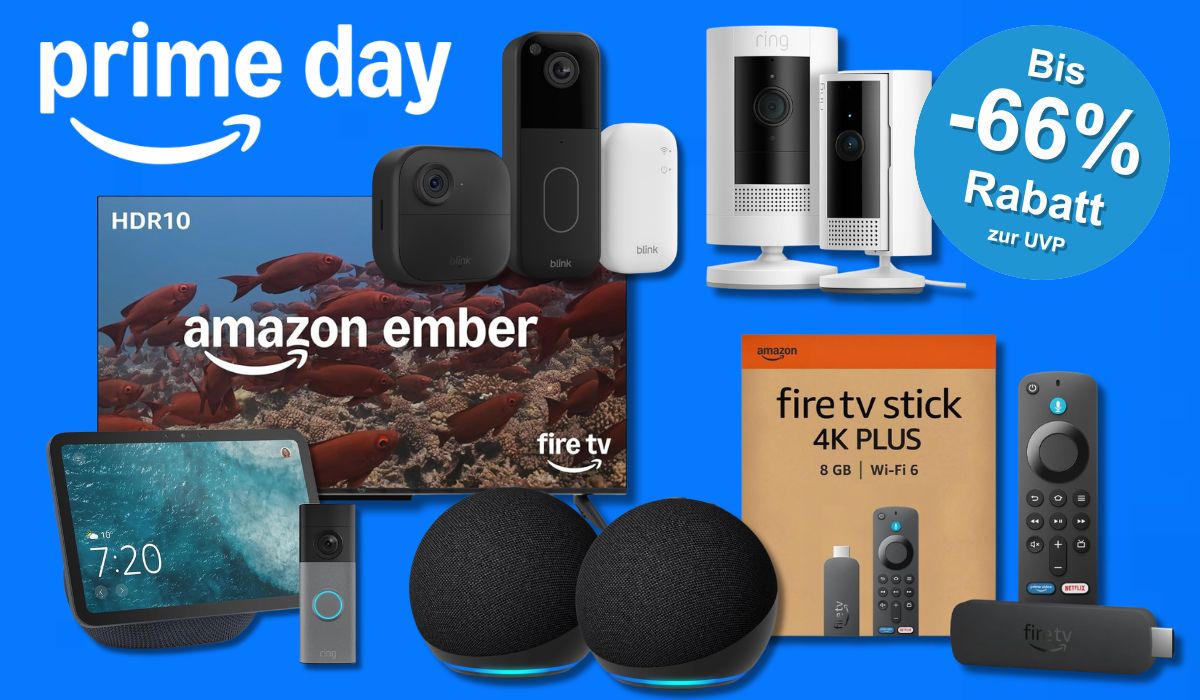 Darstellung verschiedener Amazon Geräte vor einem blauen Hintergrund.