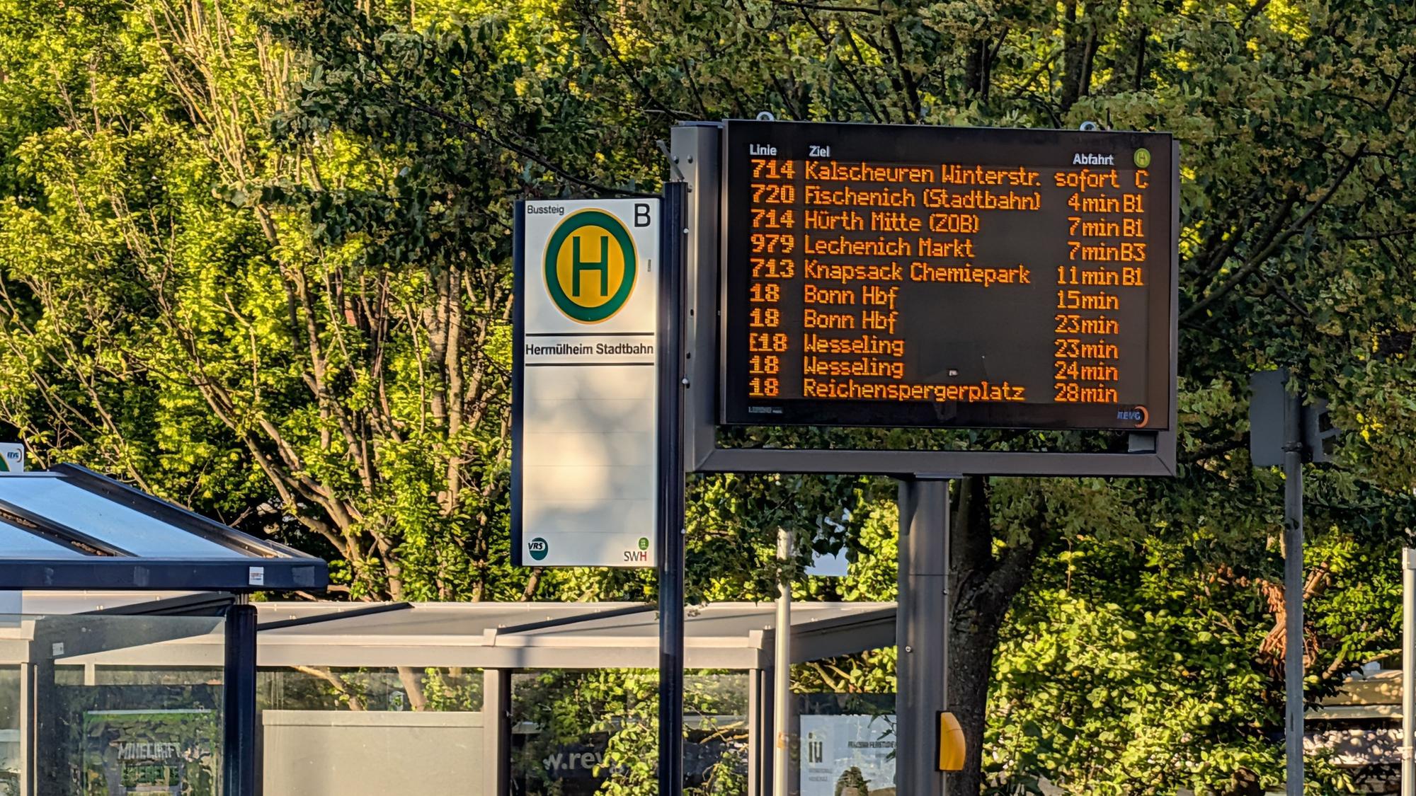 Das Foto zeigt die Haltestellenfahne neben der Fahrgastinfotafel.