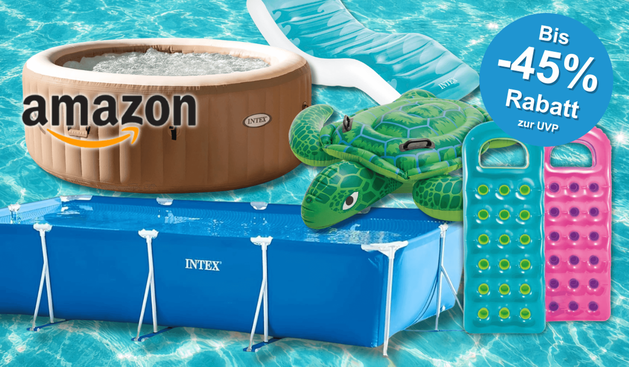 Intex Pools und Zubehör vor einem Wasser-Hintergrund.