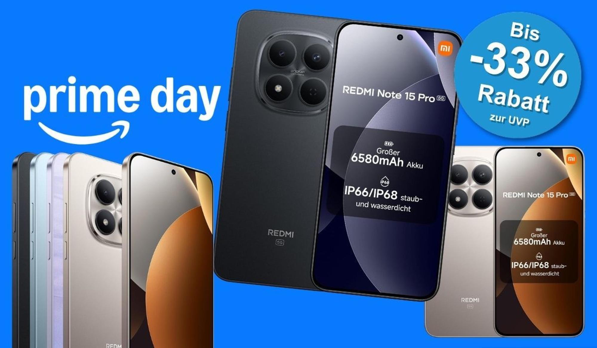Xiaomi Redmi Note 15 Pro 5G Smartphone mit Quad-Kamera-System auf blauem Prime-Day-Hintergrund, daneben mehrere Farbvarianten und blauer Rabatt-Kreis mit "-33% Rabatt zur UVP"