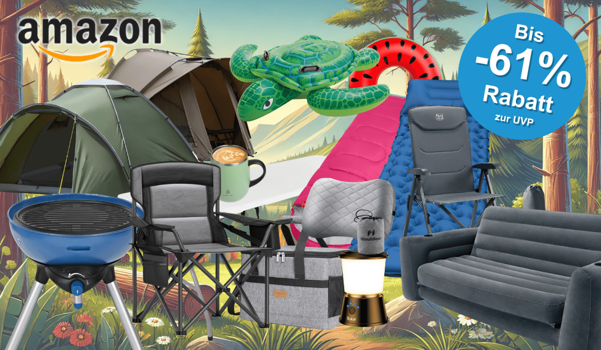 Auf dem Bild ist eine Collage aus diversen Camping Produkten zu sehen, die sich aktuell im Amazon Sale befinden.