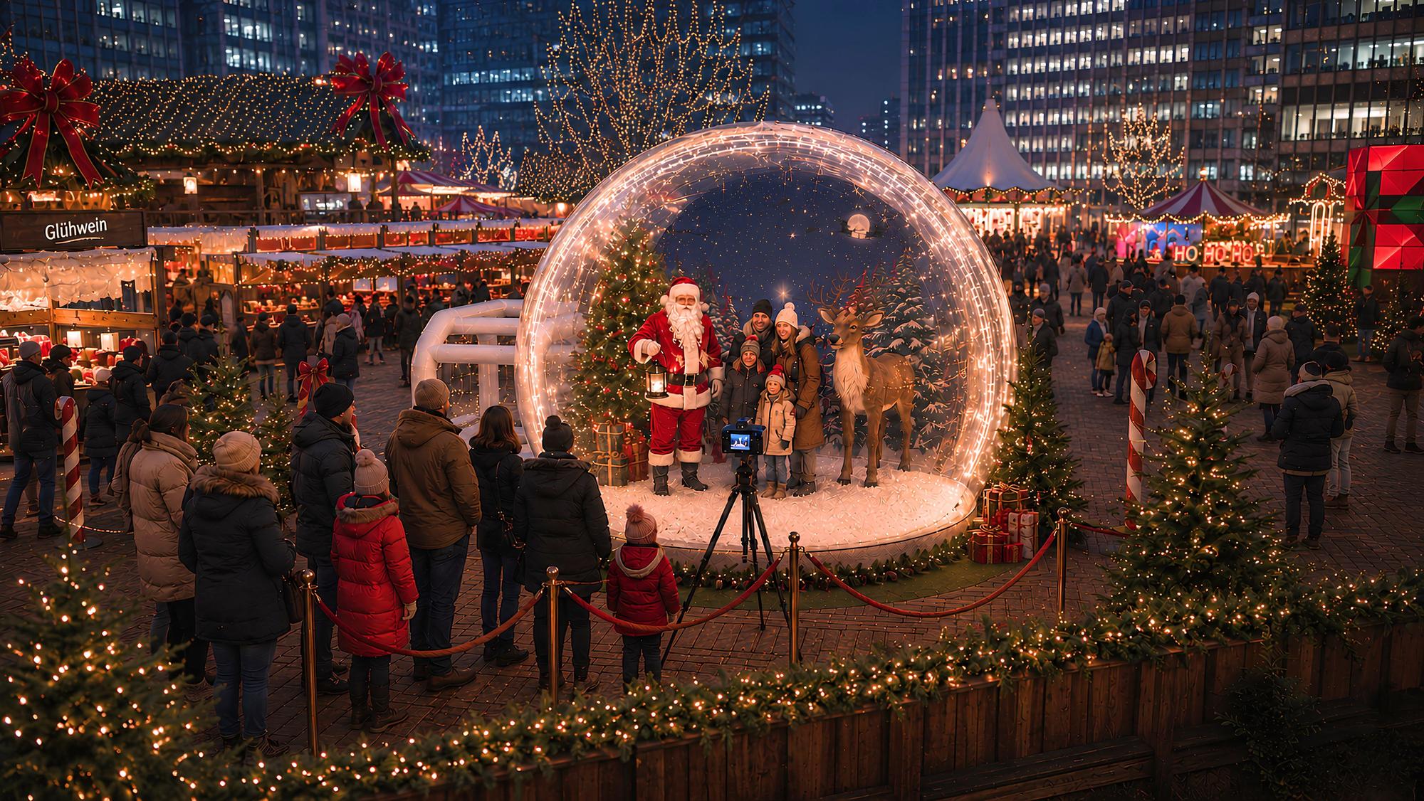 In „Santas Weihnachtsbubble“ können Besucher Weihnachtsgrüße aufnehmen und digital verschicken.