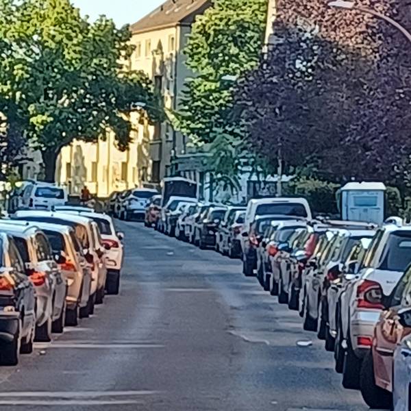 An einer mit Bäumen bestandenen Straße parken links und rechts Autos.