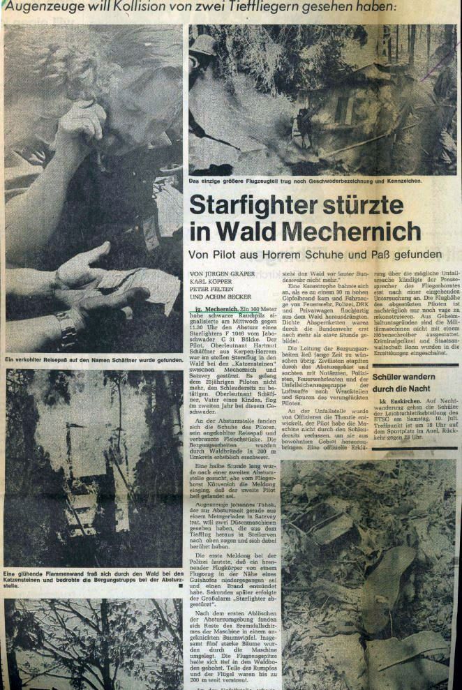 Lokale Rundschau-Titelseite vom 1.7.1976 - Bericht über abgestürzten Starfighter im Wald bei Katzvey