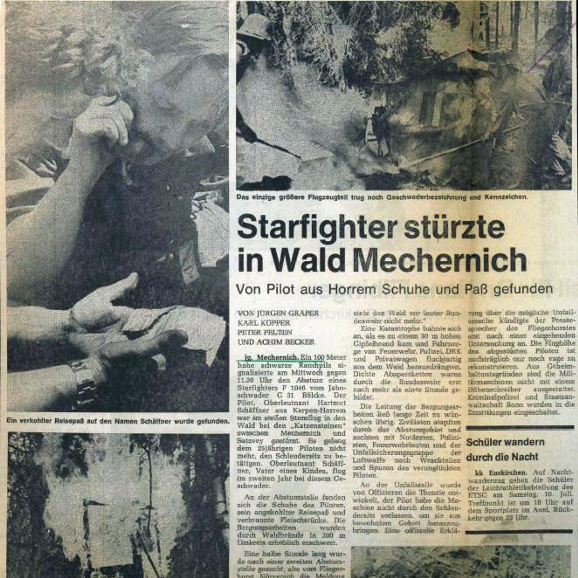 Lokale Rundschau-Titelseite vom 1.7.1976 - Bericht über abgestürzten Starfighter im Wald bei Katzvey