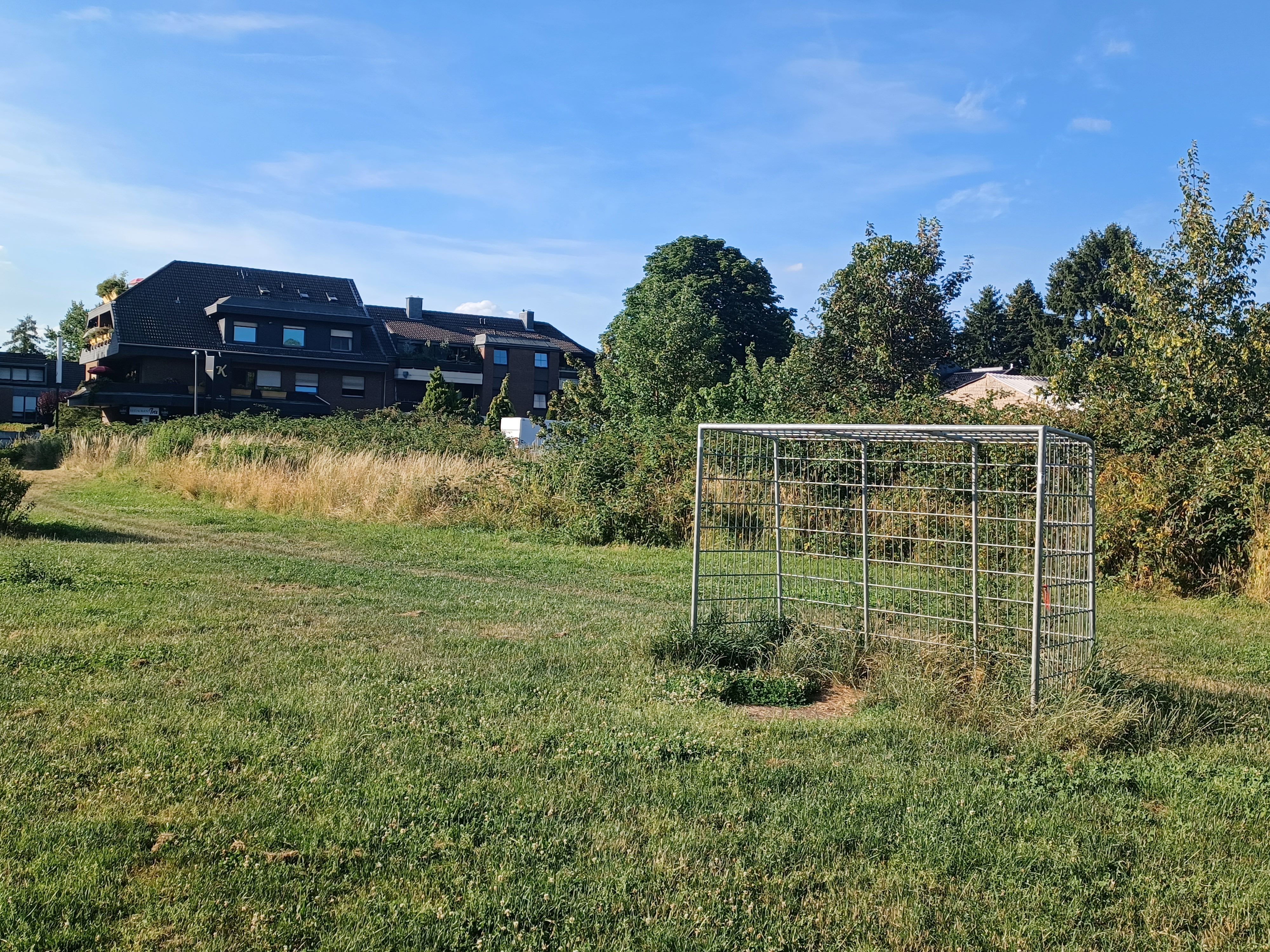 Hinter einer Wiese mit Fußballtor liegt eine Häuserreihe.