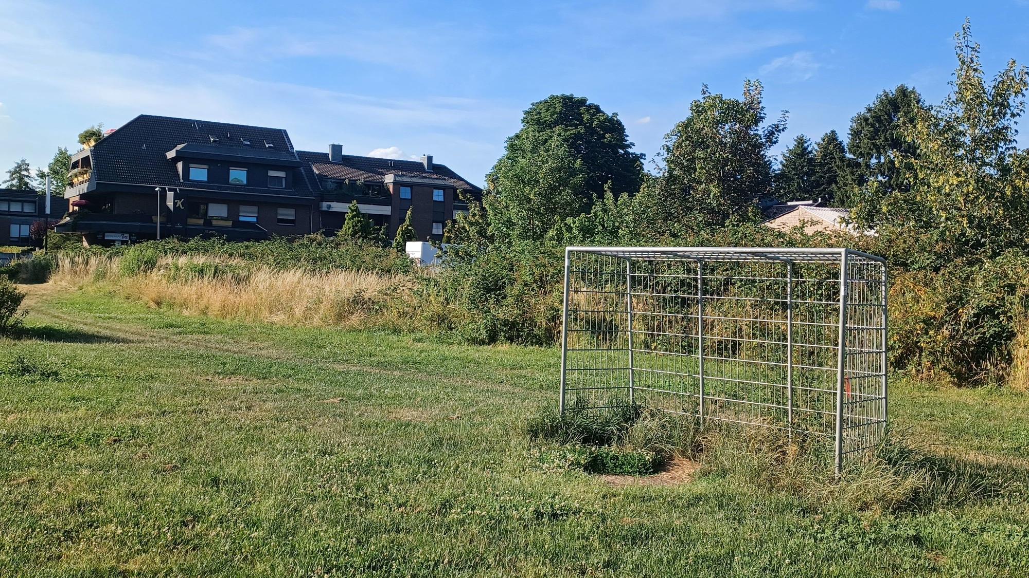 Hinter einer Wiese mit Fußballtor liegt eine Häuserreihe.
