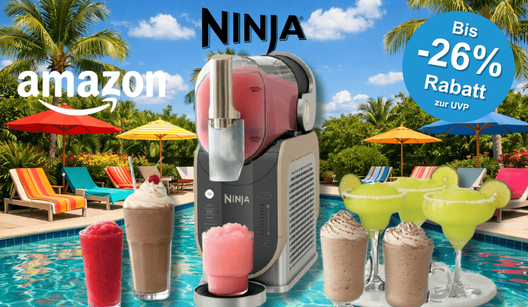 Die Ninja SLUSHi Maschine mit Eisgetränken vor einem Pool.