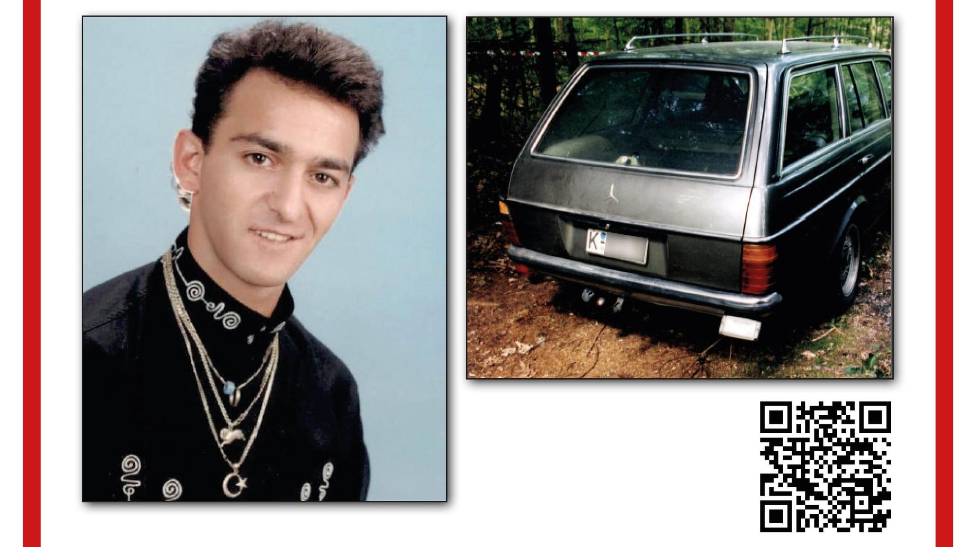 Ein Foto von Mordopfer Muhittin Güney ist neben einem am Tatort gefundenen Mercedes auf einem Fahndungsplakat der Polizei zu sehen.