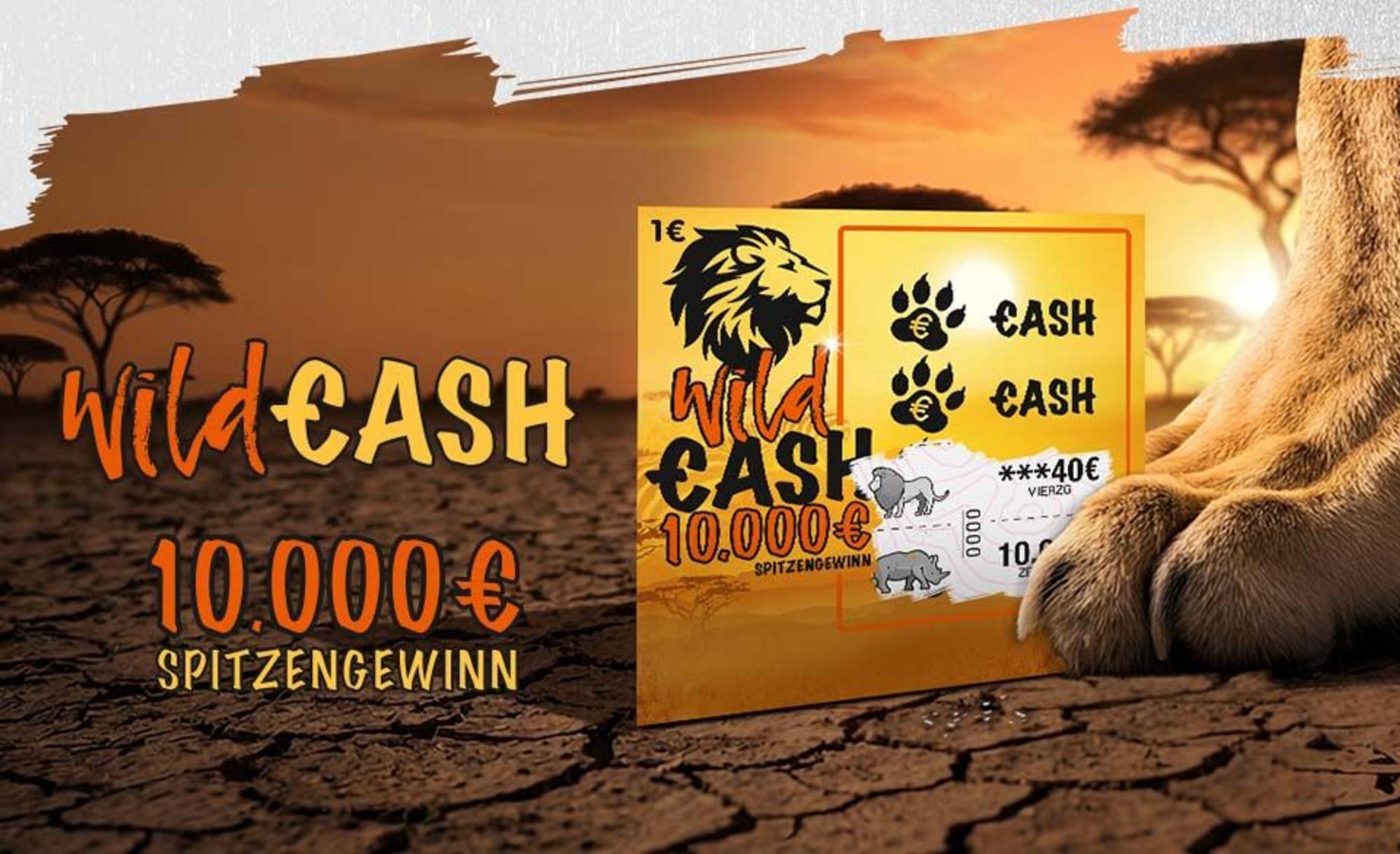 Das Rubbellos Wild Cash bietet die Chance auf 10.000 Euro Spitzengewinn.